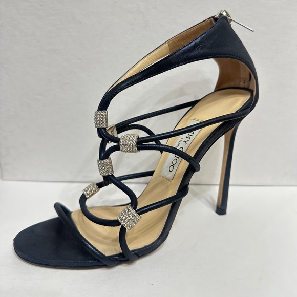 JIMMY CHOO Swarovski Crystal Embellished Sandals Navy High Heel Pump 37.5 Shoes - Picture 5 of 15